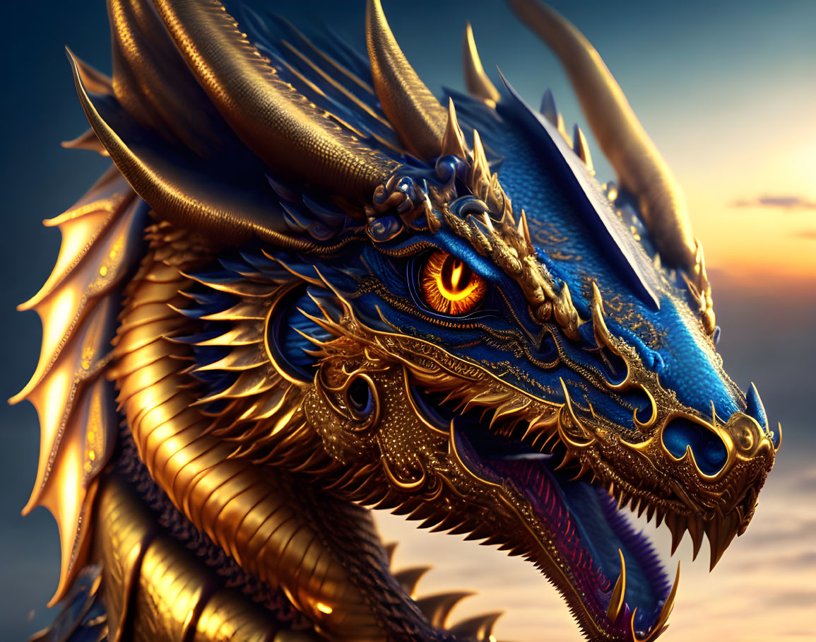 Detailed Blue and Gold Dragon with Spikes and Horns in Twilight Sky