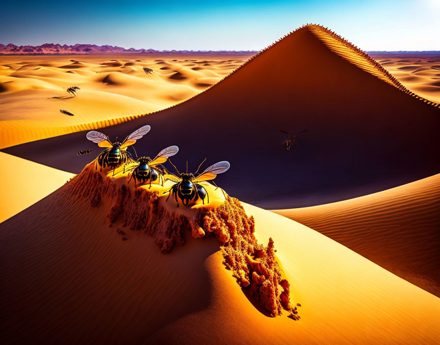 Digitally altered photo: Oversized bees flying over desert sand dunes