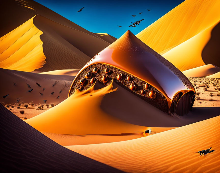 Surreal desert landscape with golden dunes and futuristic book-like structure