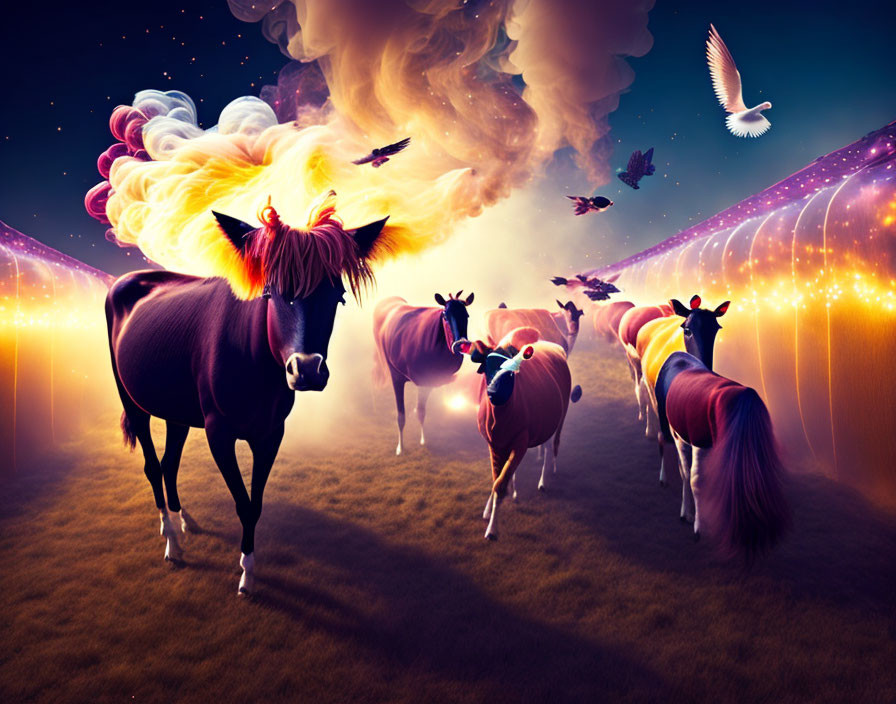 Surreal image: Glowing-maned horses gallop amid colorful sky and flying dove