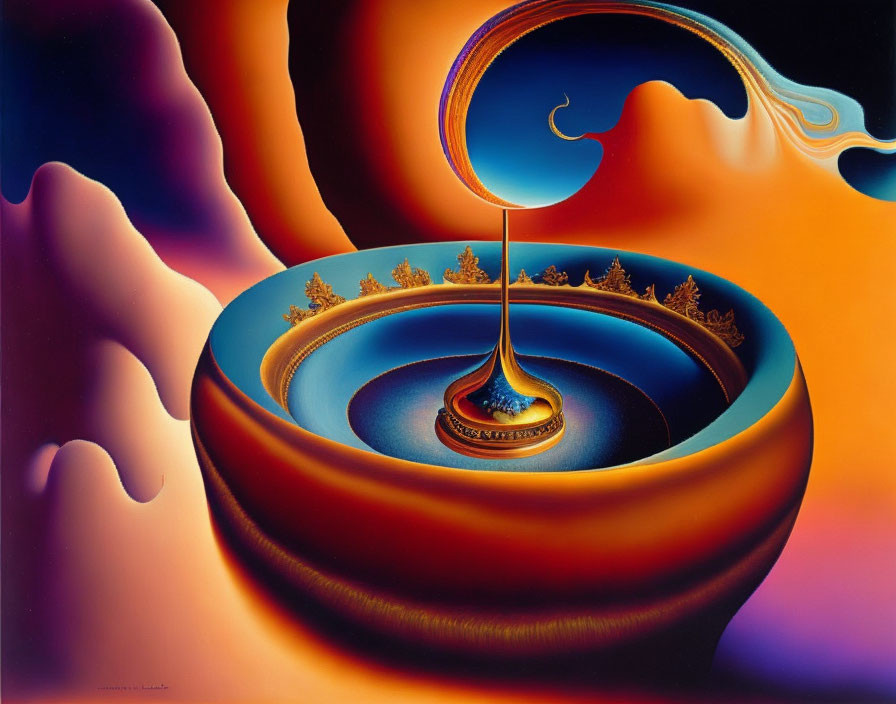 Surreal painting with golden bowl and fluid shapes on purple-orange background