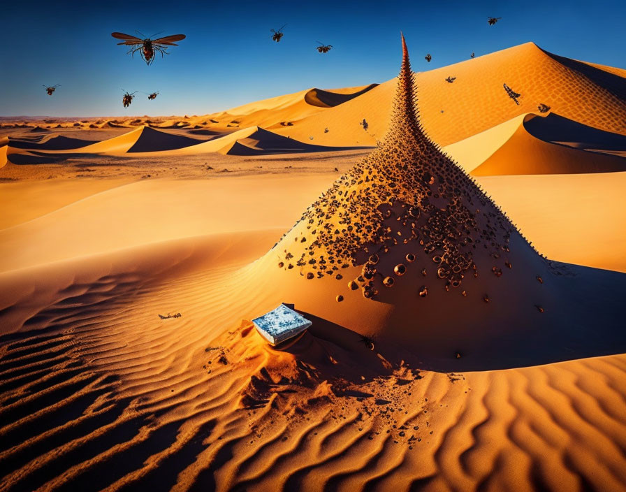 Surreal desert landscape with giant smartphone emitting bees over sand dunes