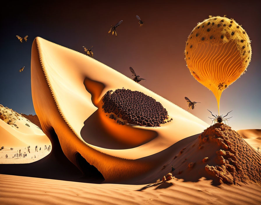 Surreal desert landscape with giant bees and melting structure under orange sky