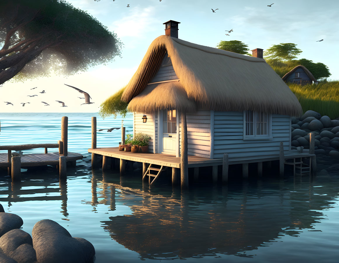 Thatched Roof Lakeside Cottage at Sunset