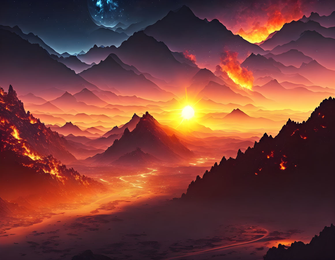 Surreal landscape with fiery mountains under starry sky