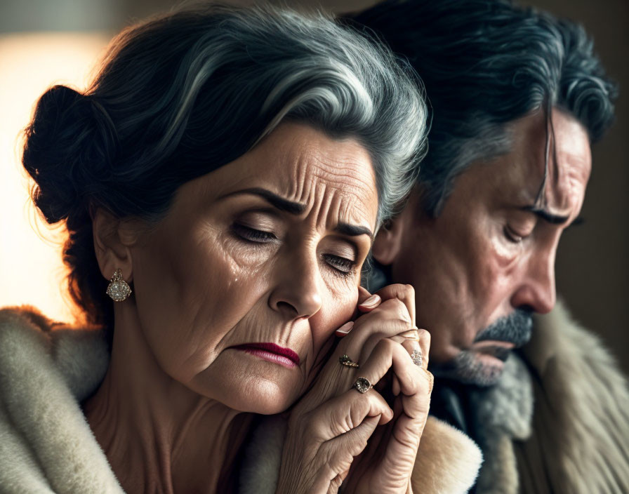 Elderly couple in warm clothing, one woman resting head on hand, man looking downward