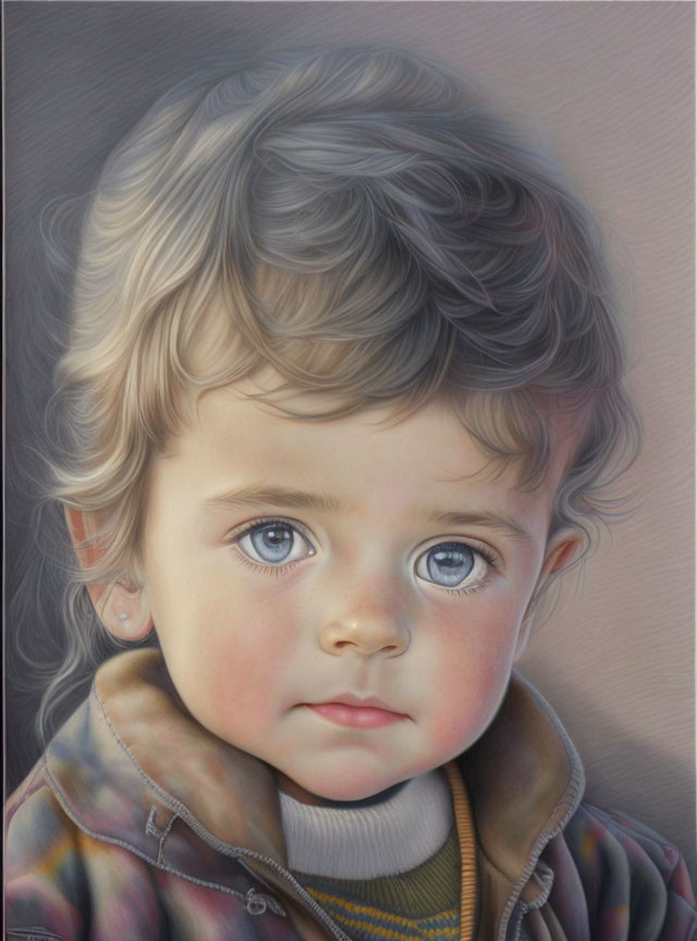 Realistic toddler portrait with curly hair, blue eyes, rosy cheeks, checkered jacket.