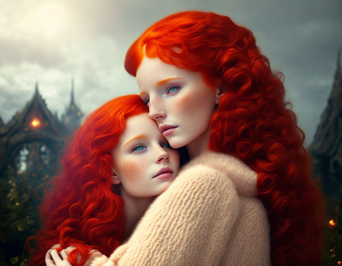 Two red-haired female characters embrace in front of ominous castles in a fantastical setting