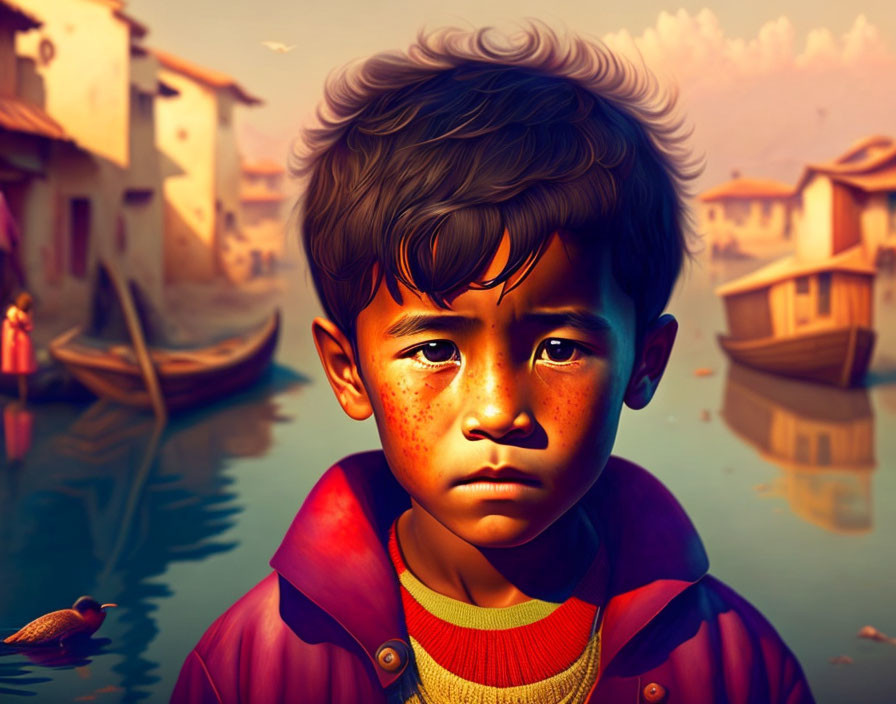 Young boy with solemn expression standing by calm waters and boats.