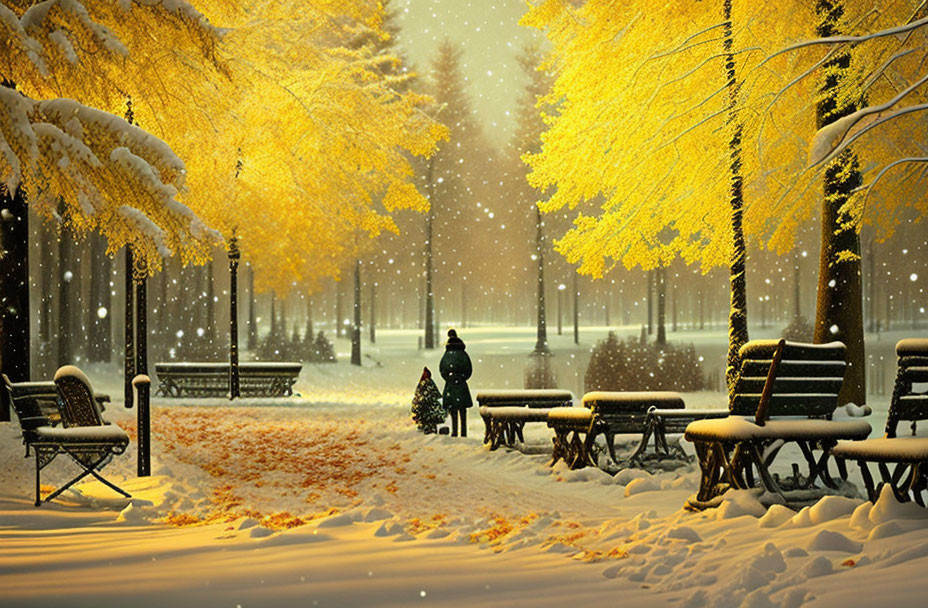 Snowy Path with Golden Trees and Benches in Tranquil Setting