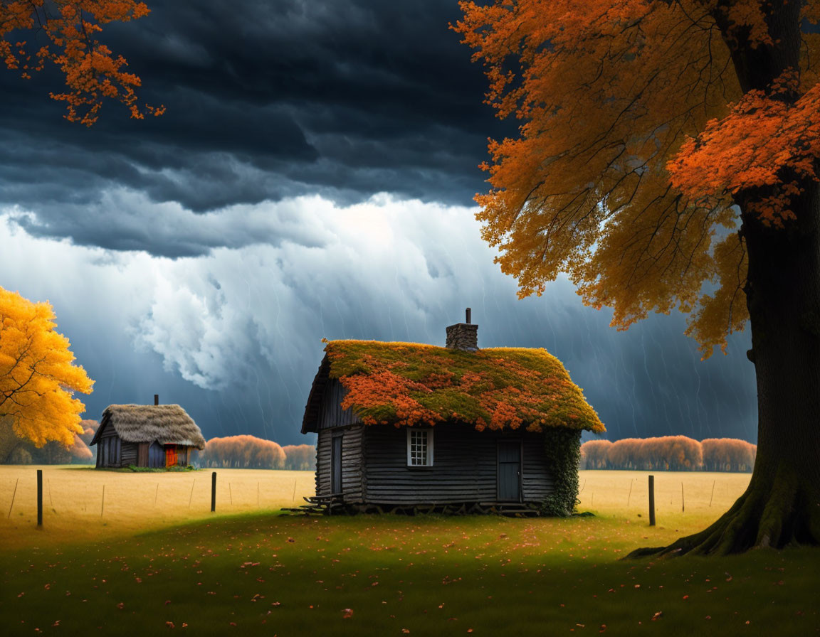 Rustic wooden cabin in autumn setting with stormy sky and vibrant orange field