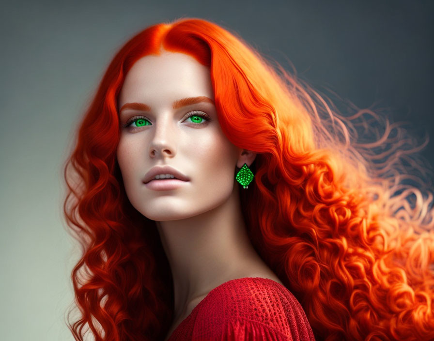 Woman with Red Hair and Green Eyes Wearing Green Earrings Smiling on Grey Background