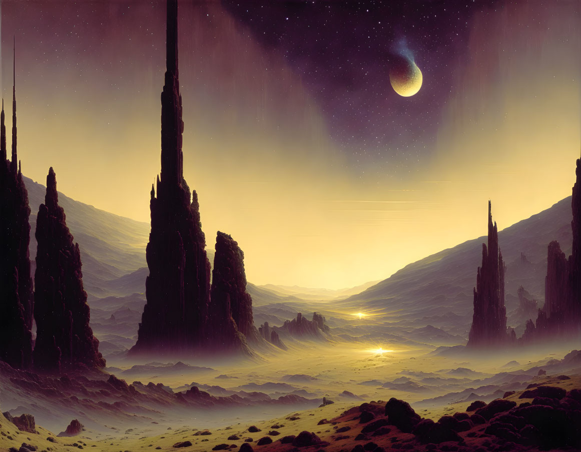 Sci-fi landscape with towering rock formations and starlit sky