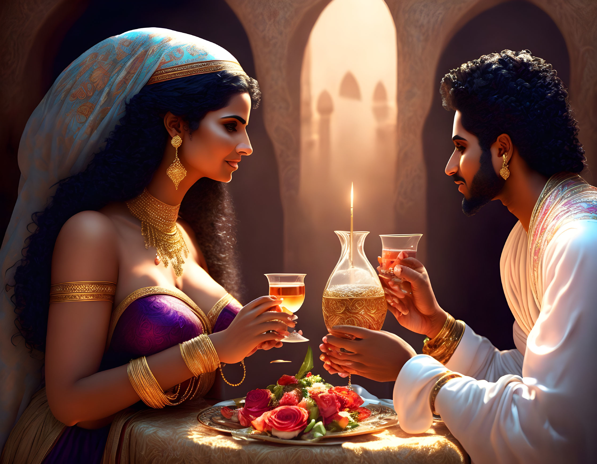 Man and woman in opulent Indian attire share romantic moment in luxurious, candlelit setting