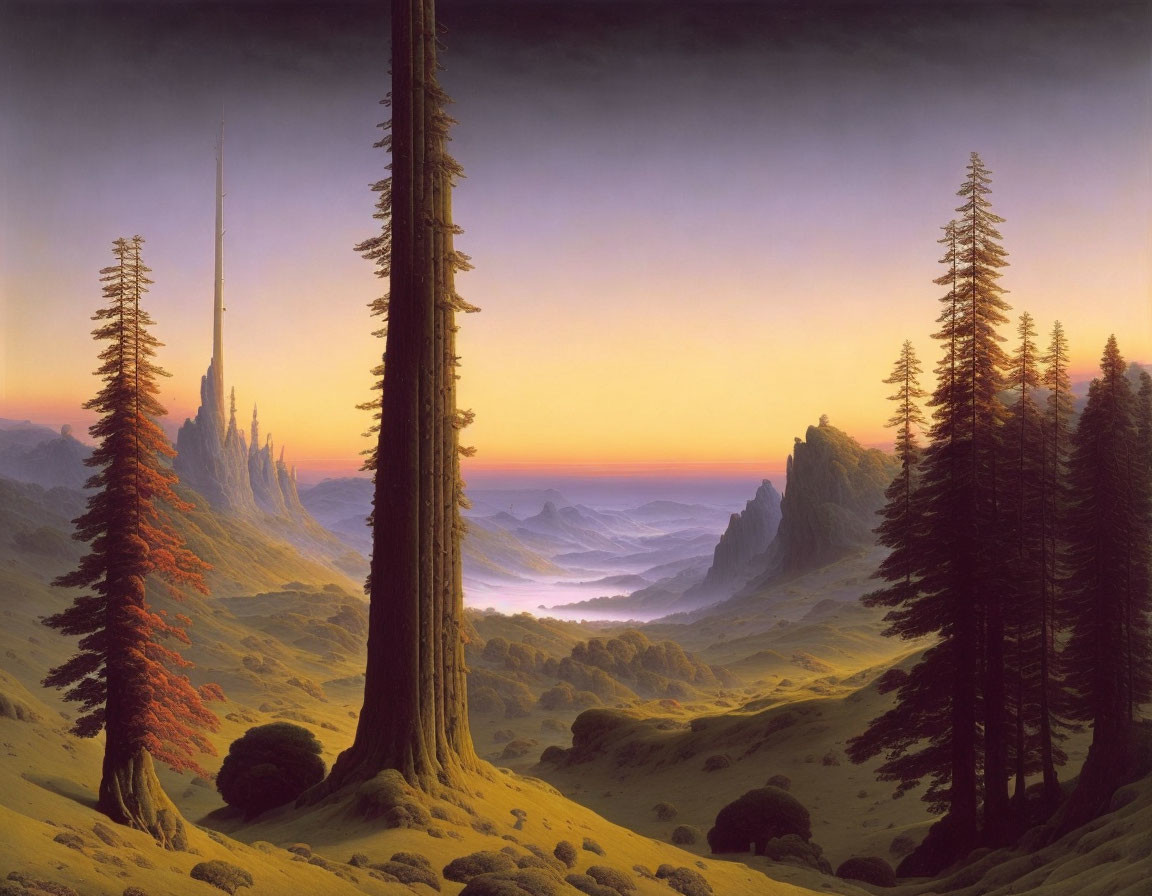 Alien tree landscape with spire, hills, and sunset glow