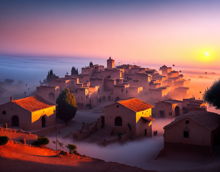 Misty old village at sunrise with illuminated buildings and lone tree