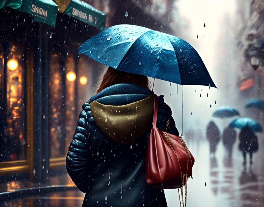 Person with Blue Umbrella and Red Handbag in Snowfall on City Street