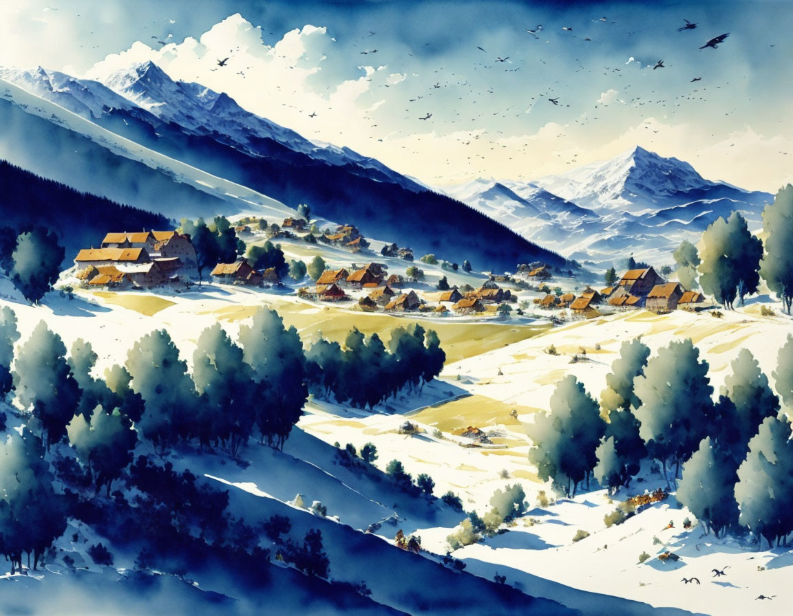 Snowy Village Watercolor Painting with Rustic Houses, Trees, Mountains, and Birds