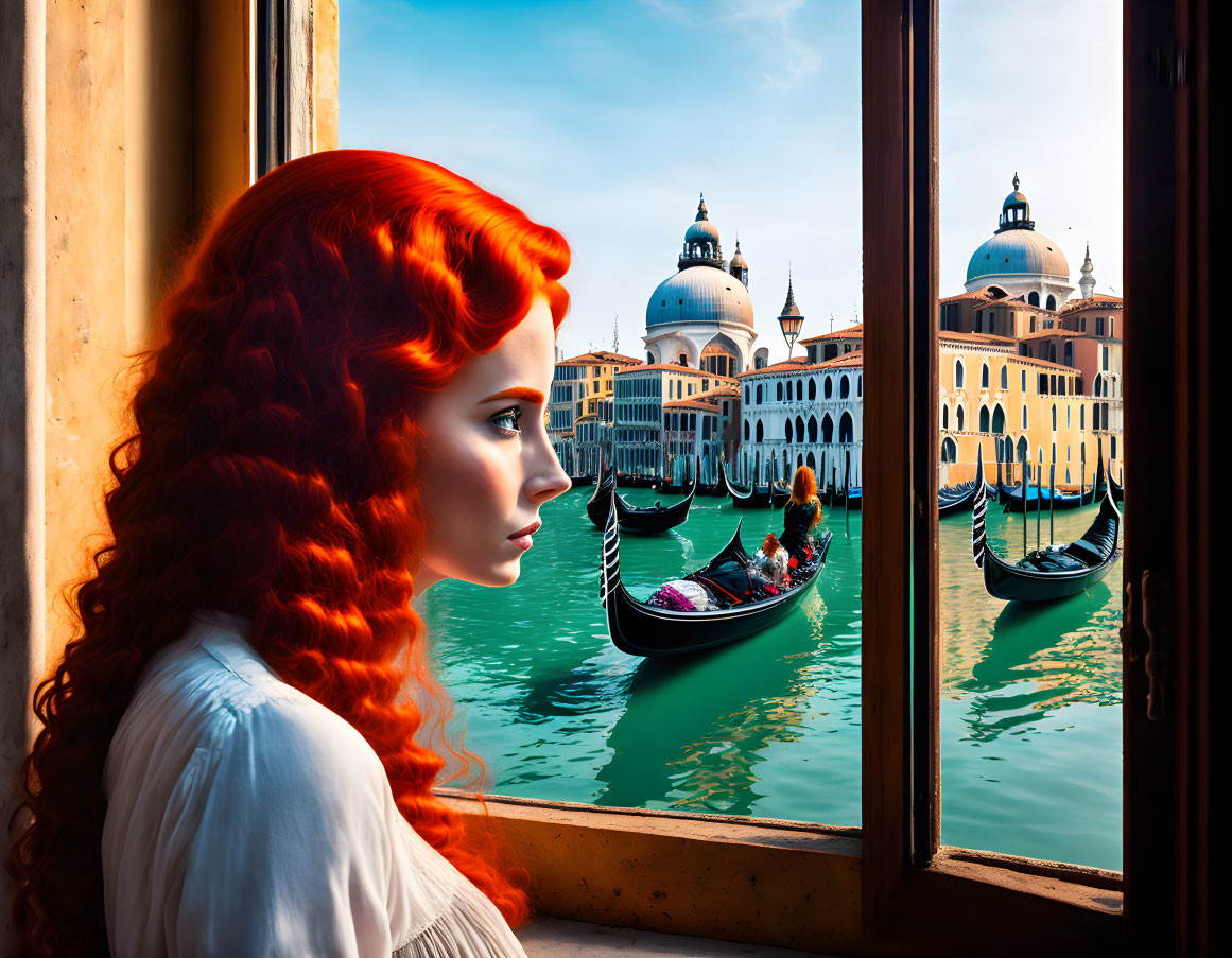 Red-haired woman gazes out window at serene Venetian canal