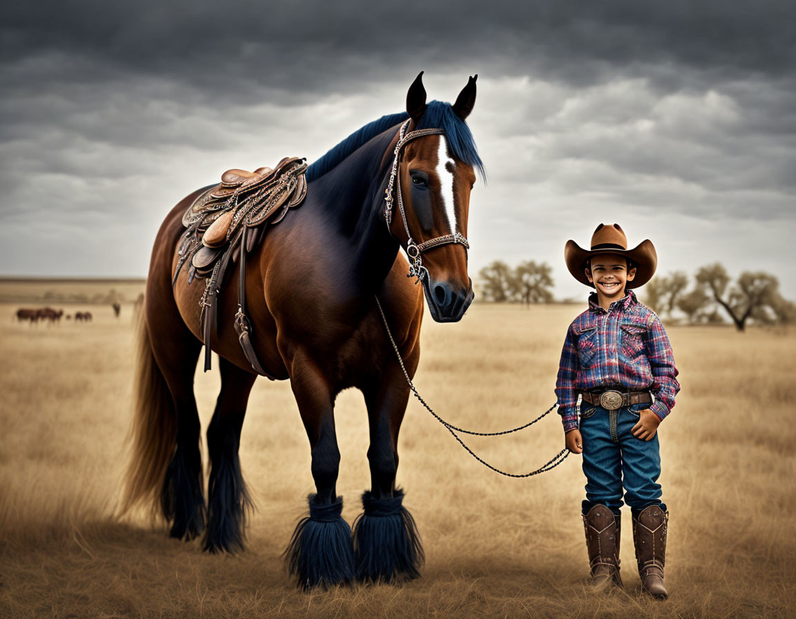 Young cowboy with saddled horse in rural field under moody sky