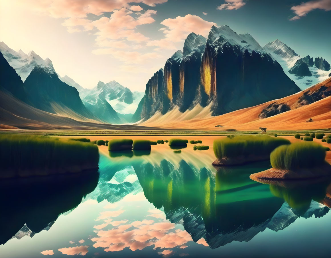 Tranquil lake reflects towering mountains in serene landscape