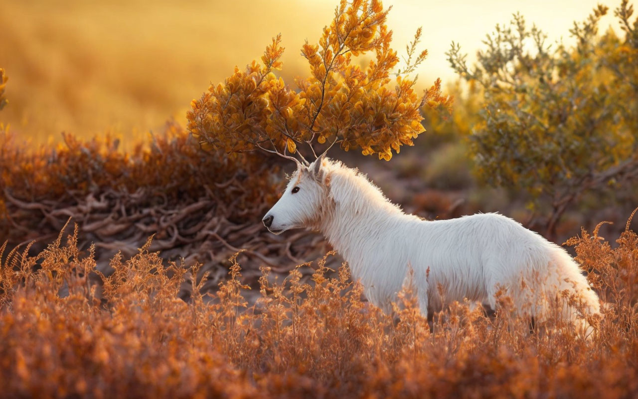 White Dog with Autumn Leaves Branch in Sunset Field