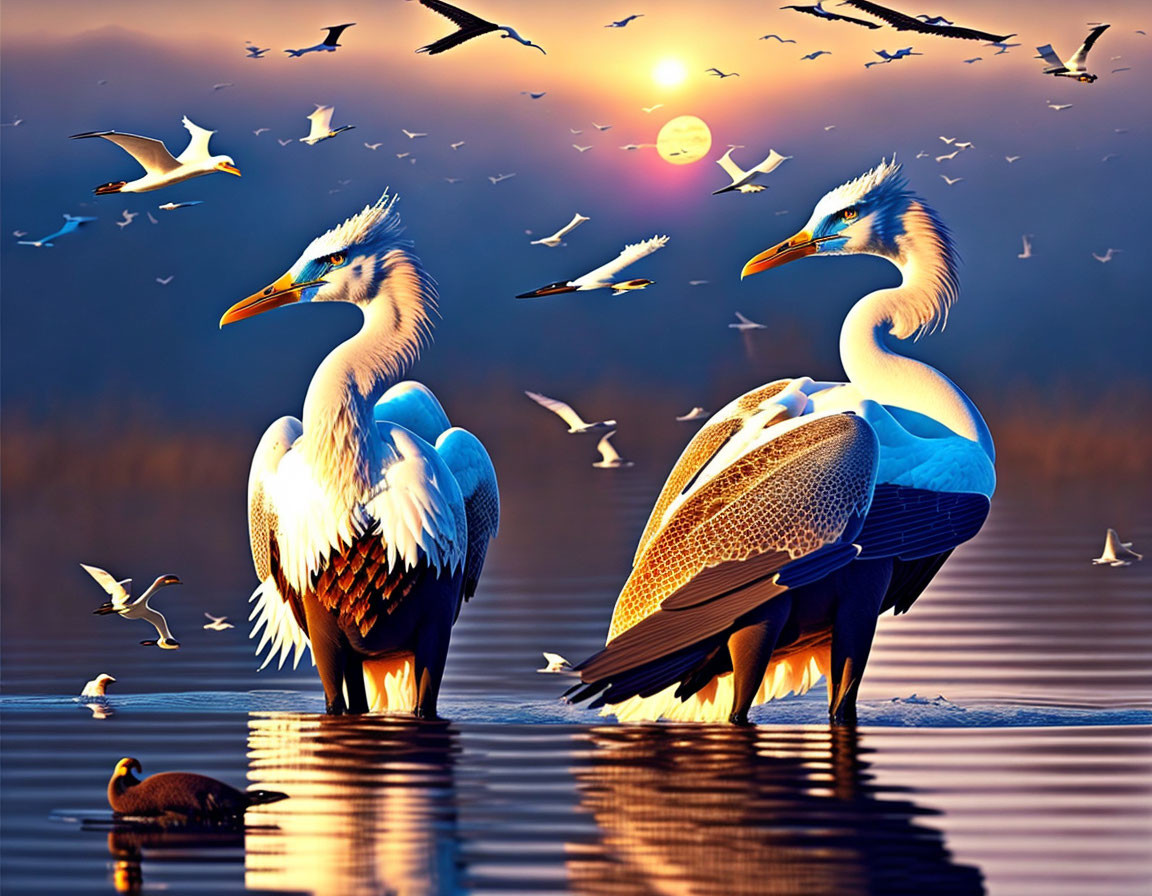 Pelicans and seagulls in sunset with hazy mountains