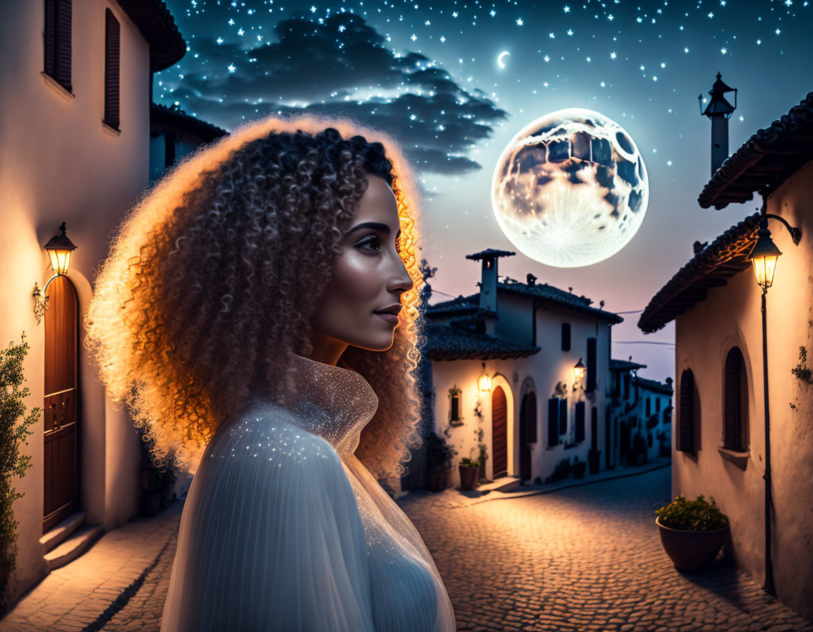 Curly-haired woman admires moon over village street at night