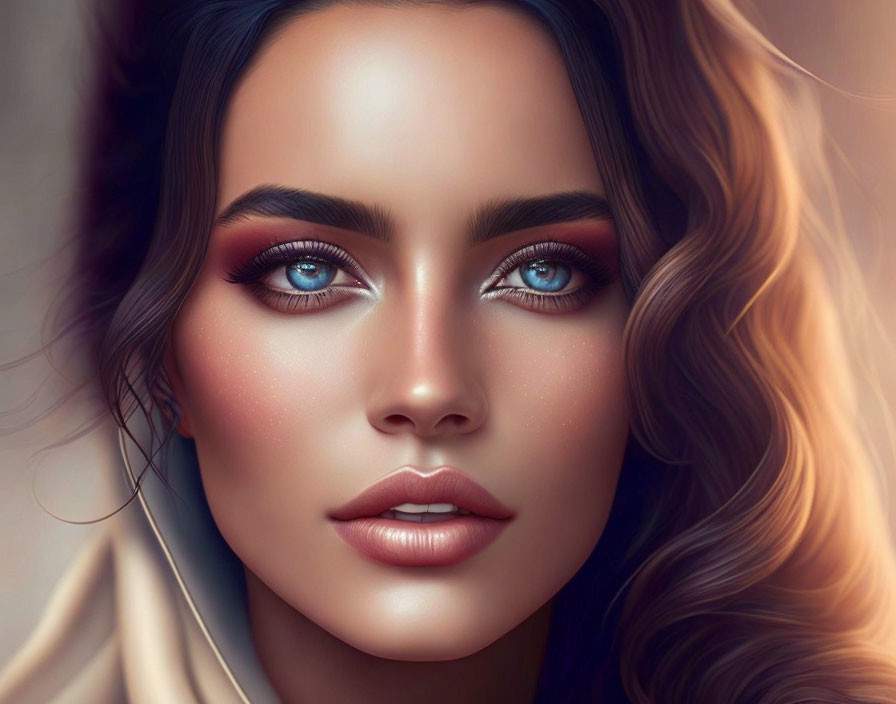 Detailed Digital Portrait of Woman with Striking Blue Eyes and Wavy Brown Hair