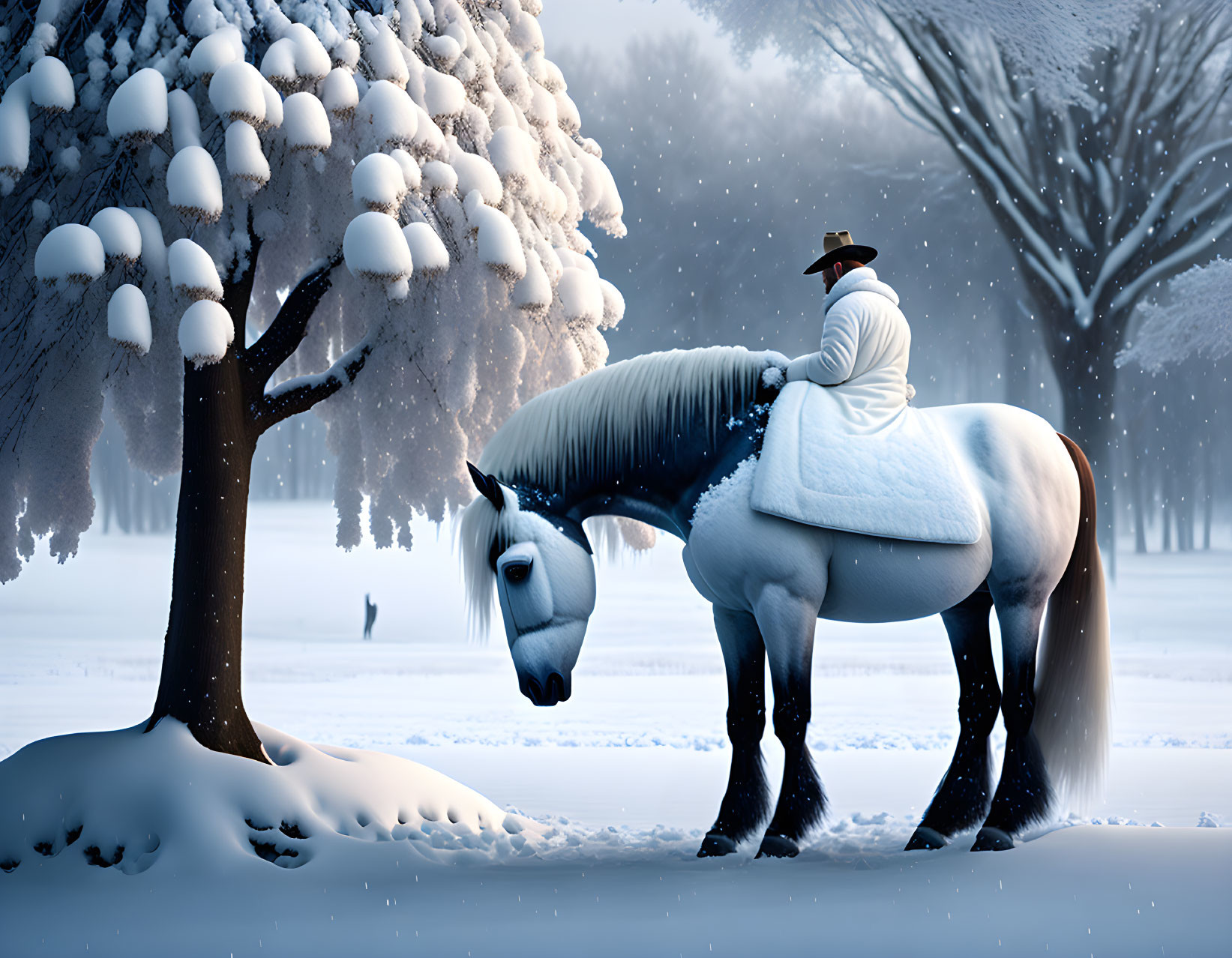 Person in white cloak and hat riding white horse in snowy landscape.