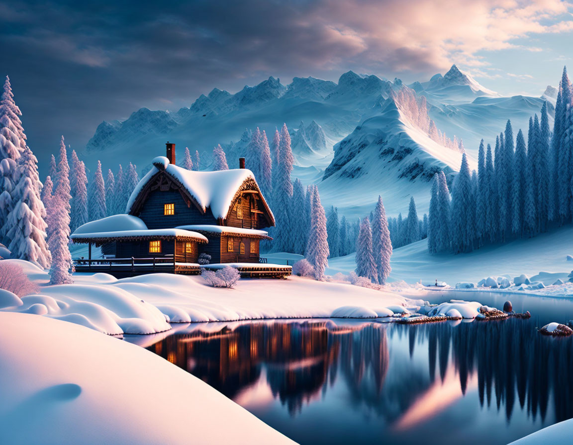 Snowy Cabin in Twilight Sky with Mountain and Lake View