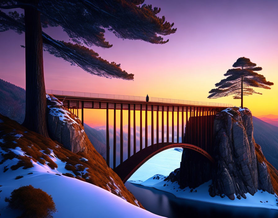 Pedestrian Bridge Over Chasm Between Rocky Cliffs at Sunset