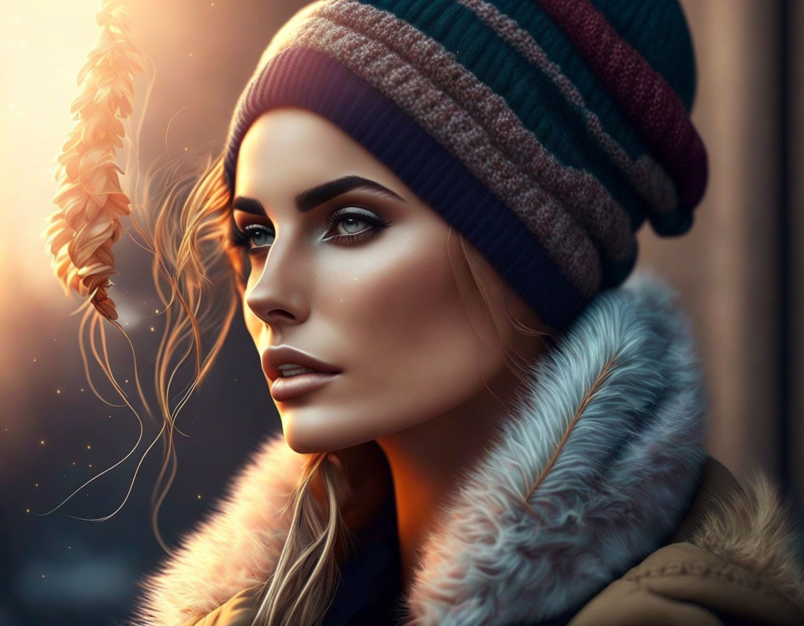 Person in Striped Beanie and Fur Collar Jacket Under Warm Light