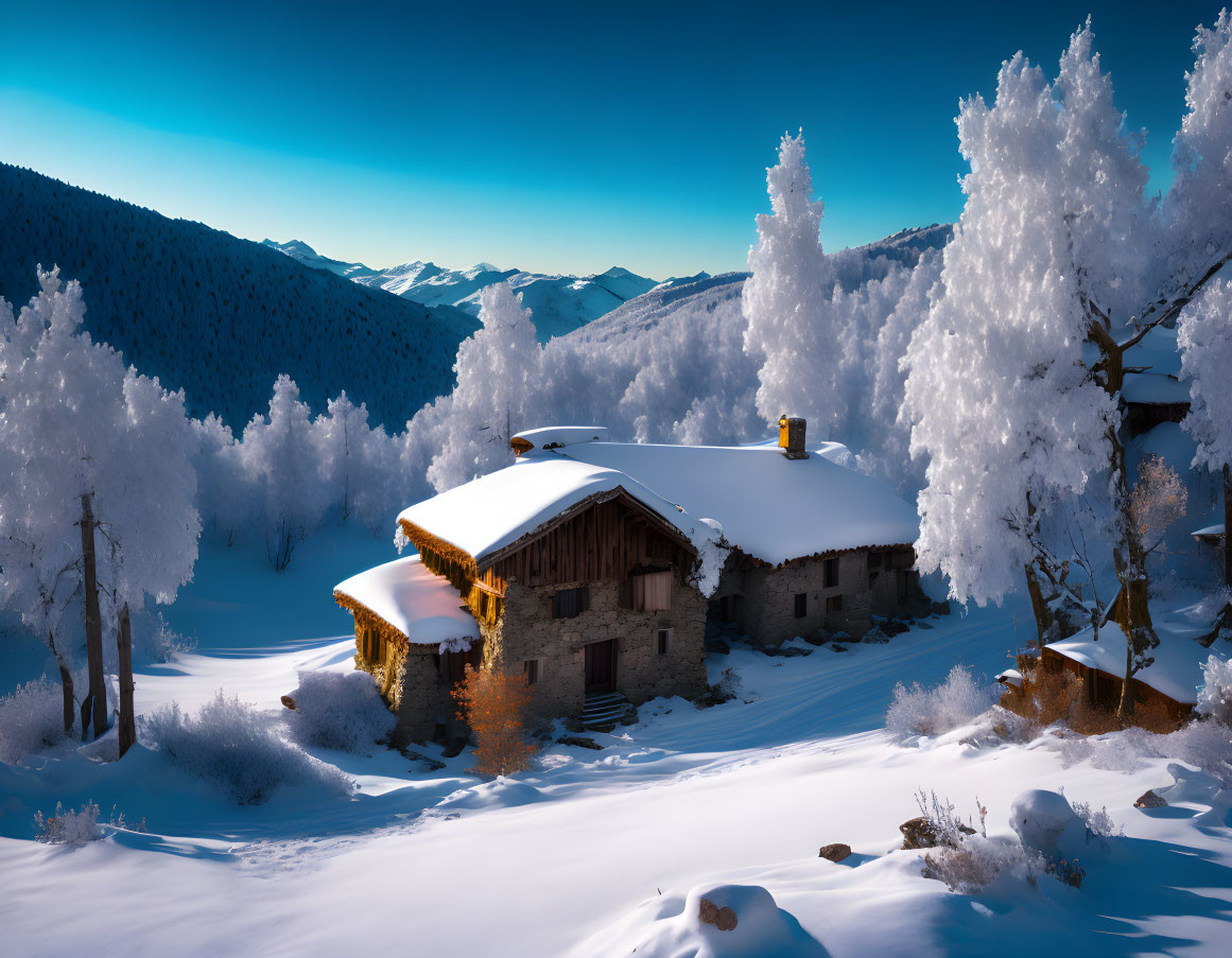 Snow-covered cabin in winter landscape with frosty trees and mountains