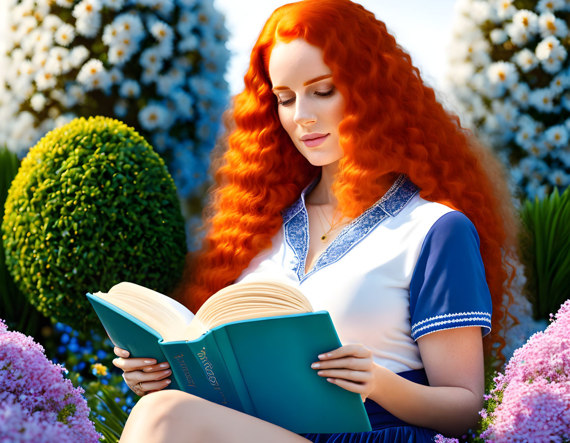 Red-haired woman reading book in lush floral setting with sunlight.