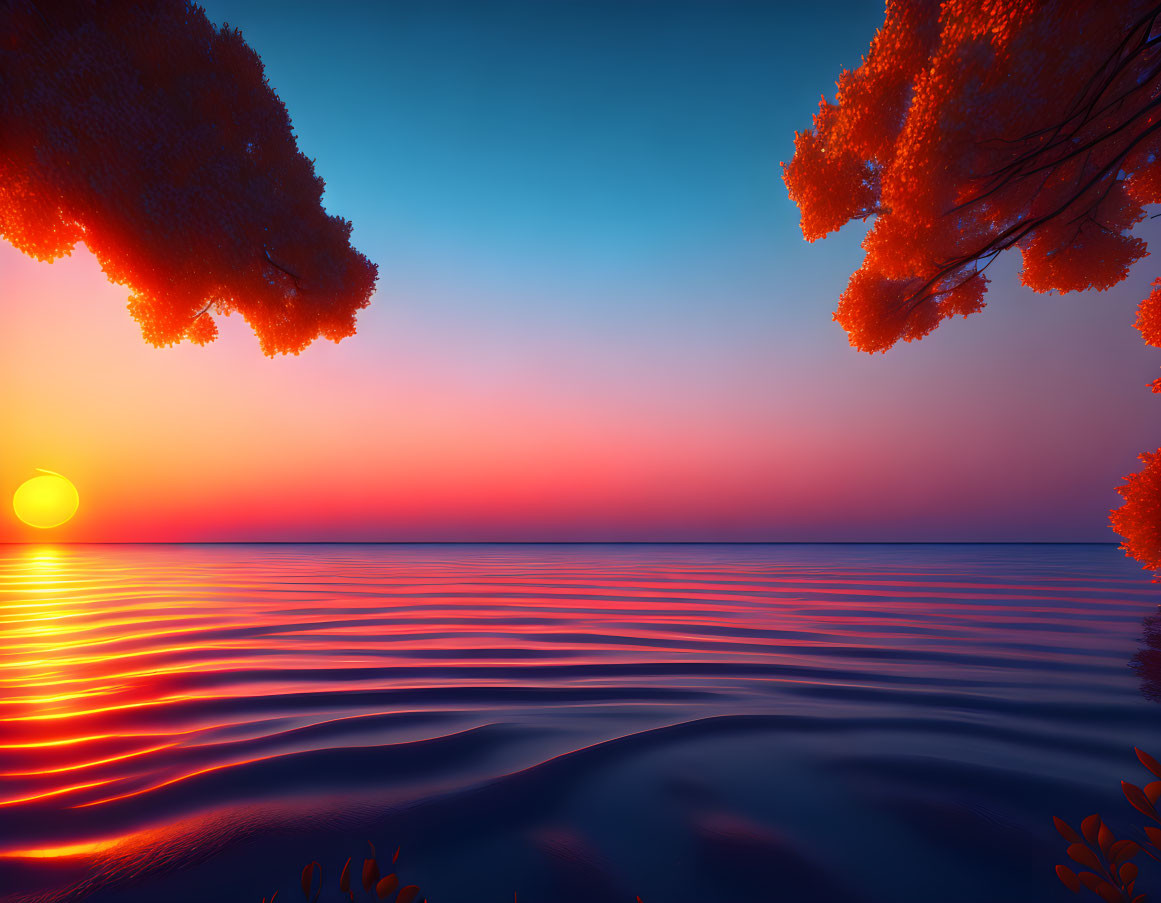 Tranquil Sunset Scene with Orange and Blue Hues on Calm Sea