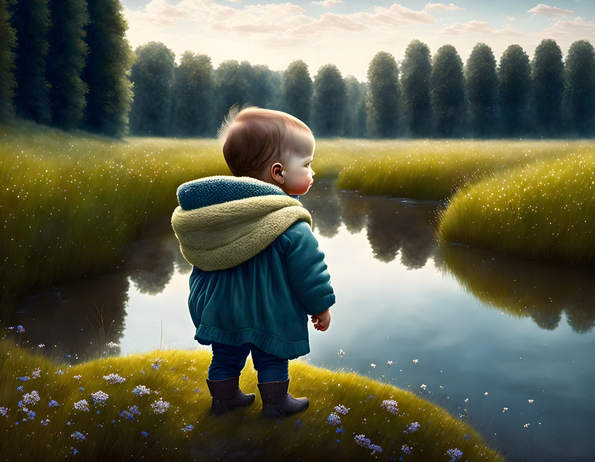 Toddler in Blue Coat by Tranquil Pond amid Nature