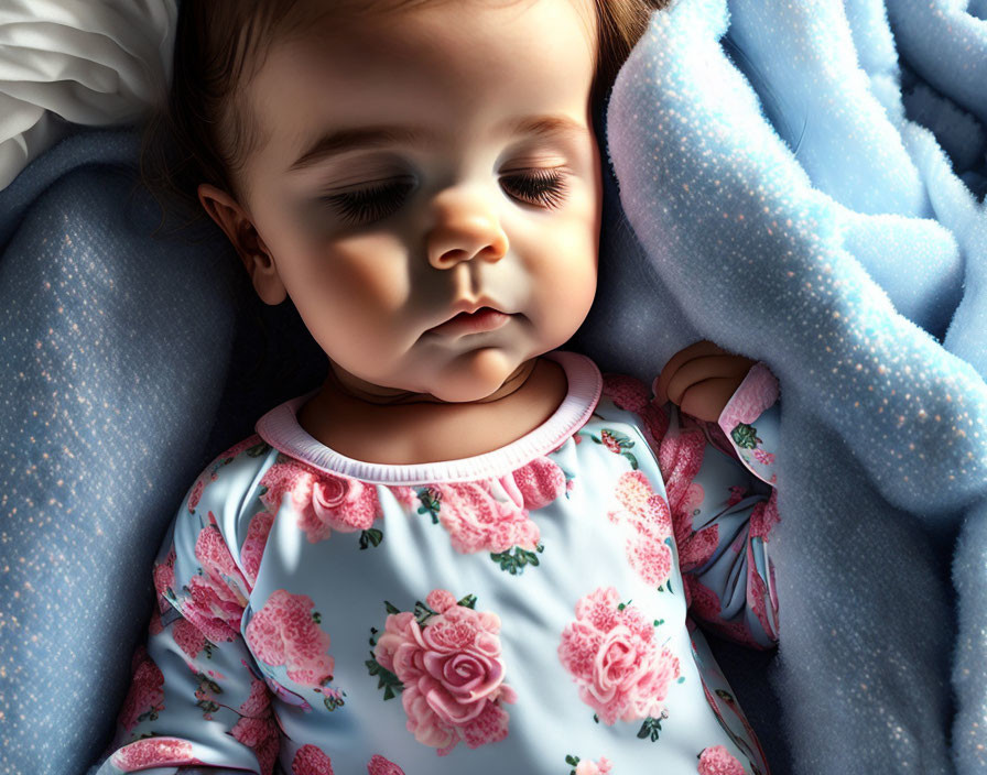 Rosy-cheeked baby sleeping in floral outfit under blue blanket