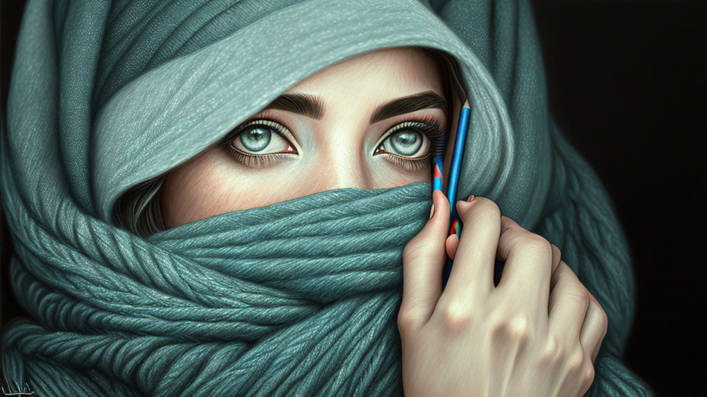 Woman with Blue Eyes Wearing Teal Scarf Holding Pencil