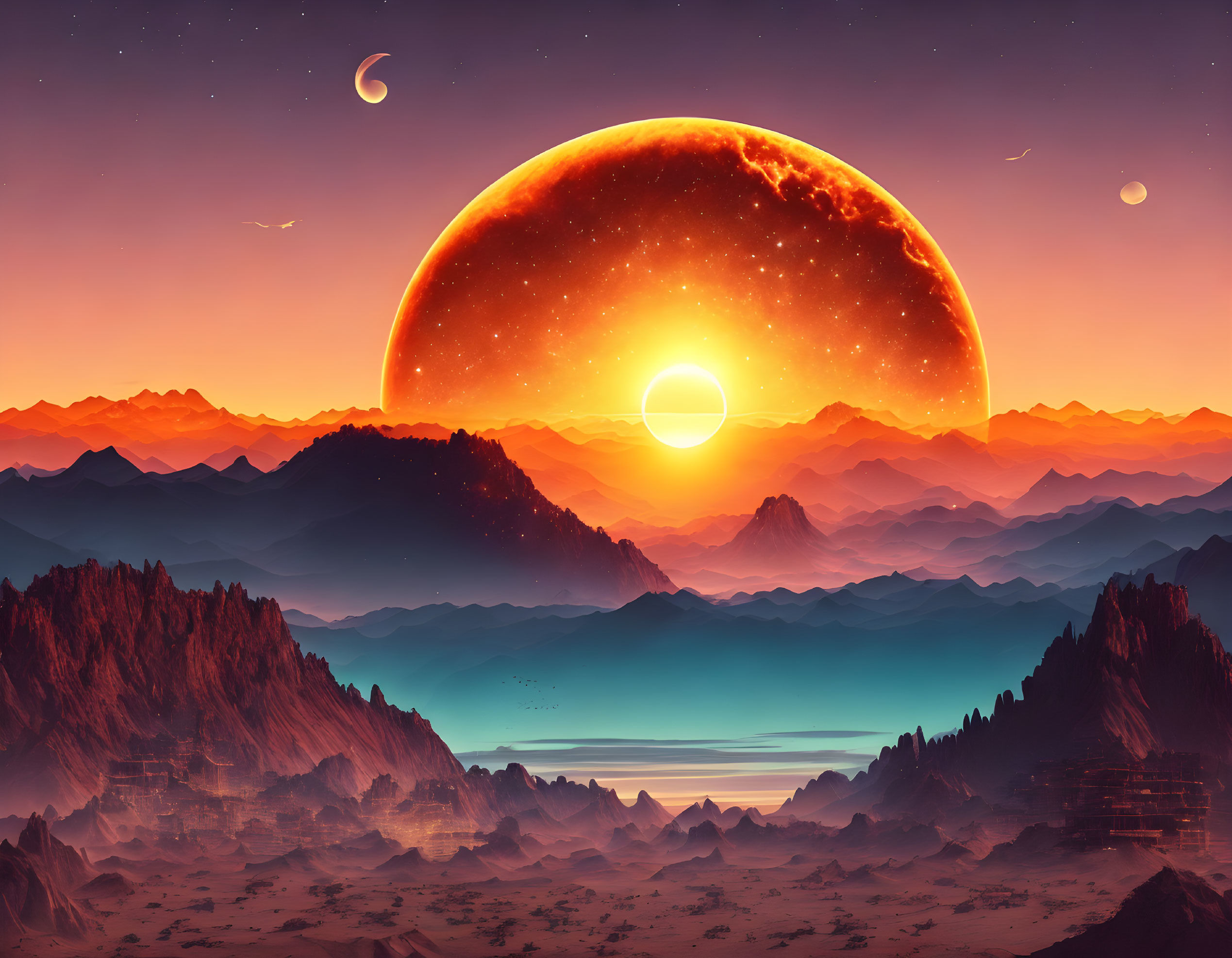 Fantastical landscape with oversized moon, layered mountains, and orange sky.