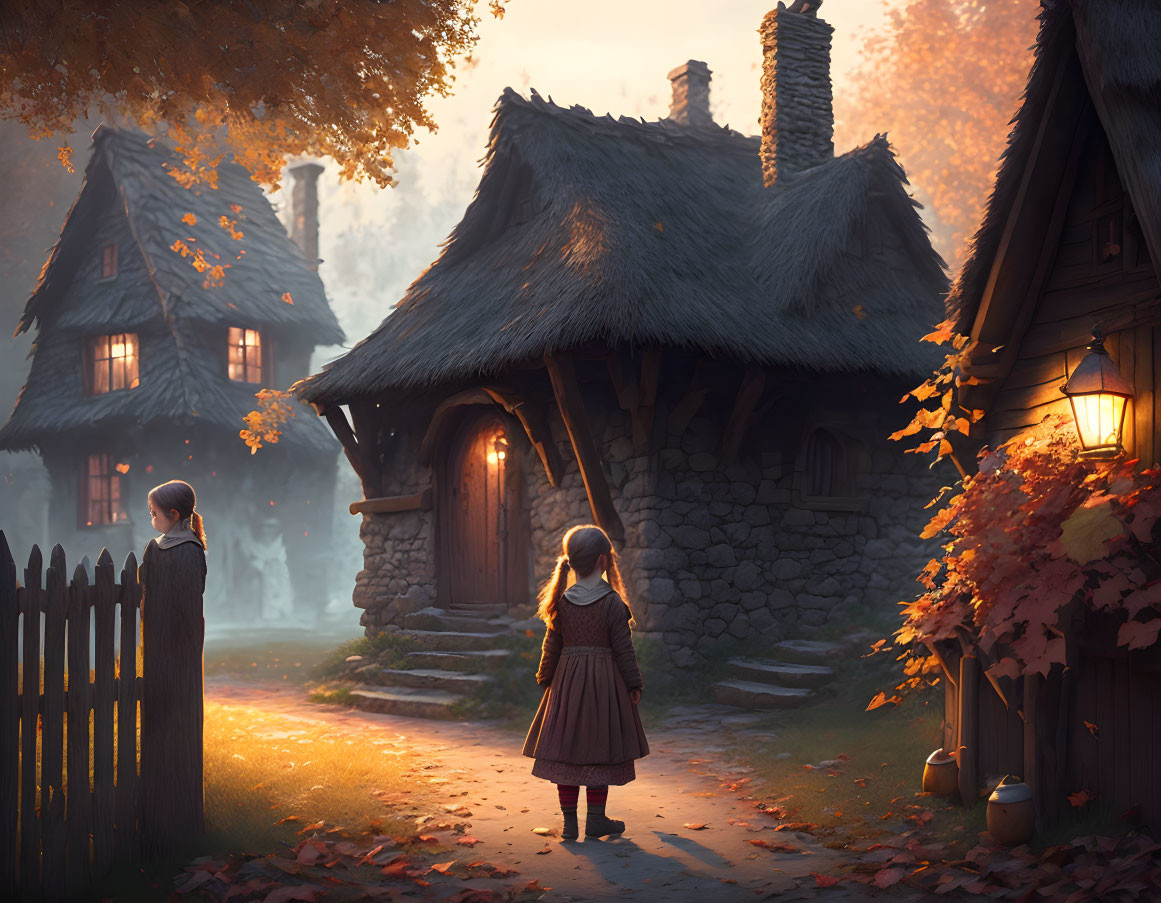 Tranquil autumnal scene with thatched-roof cottage and children in golden foliage