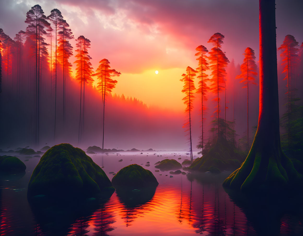 Mystical forest scene with tall trees, sunset reflection, and mist