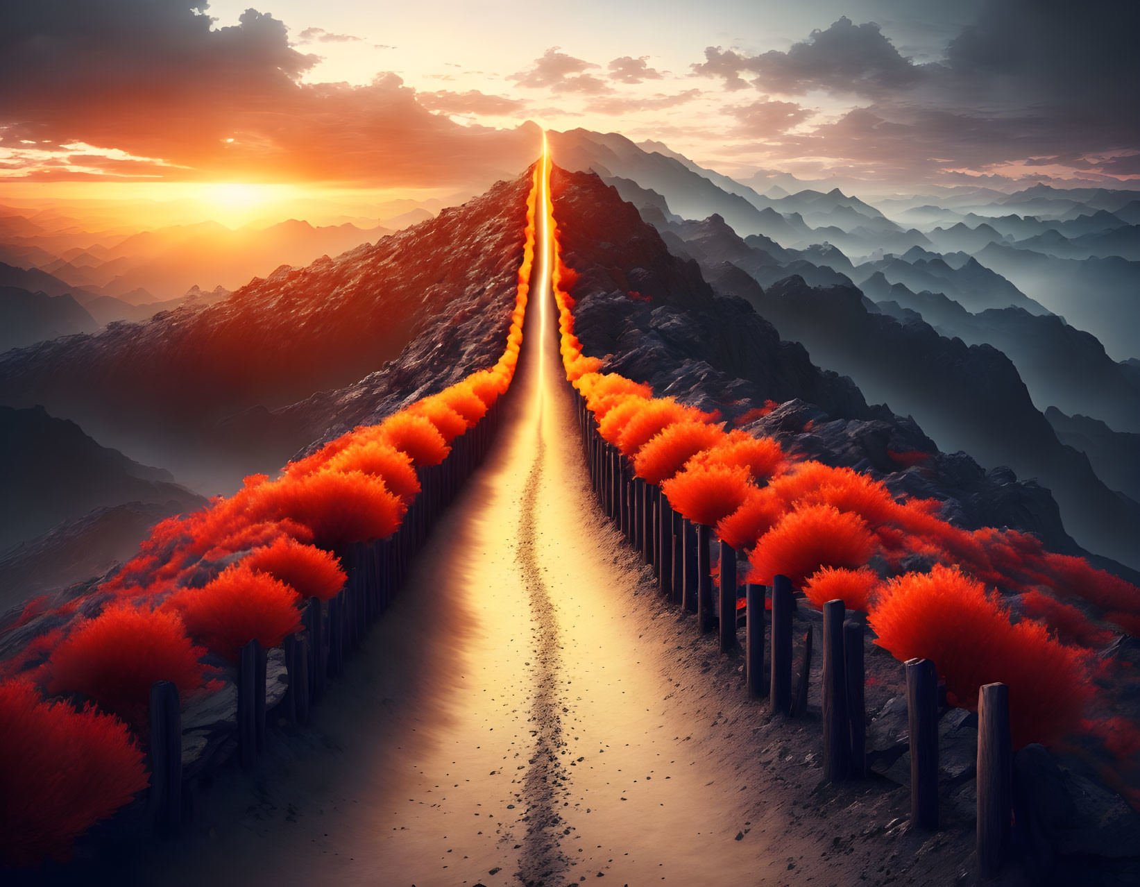 Fiery red trees on scenic mountain path under sunset sky