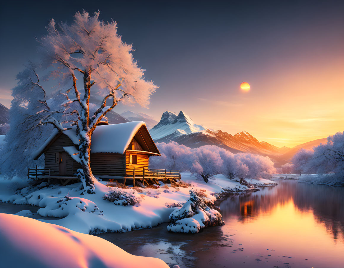 Snow-covered cabins, frosted tree, mountains, and sunrise reflected on river