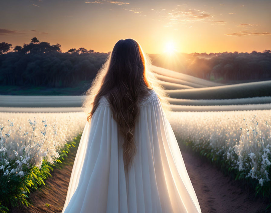 Woman in white cape gazes at sunset over field of white flowers