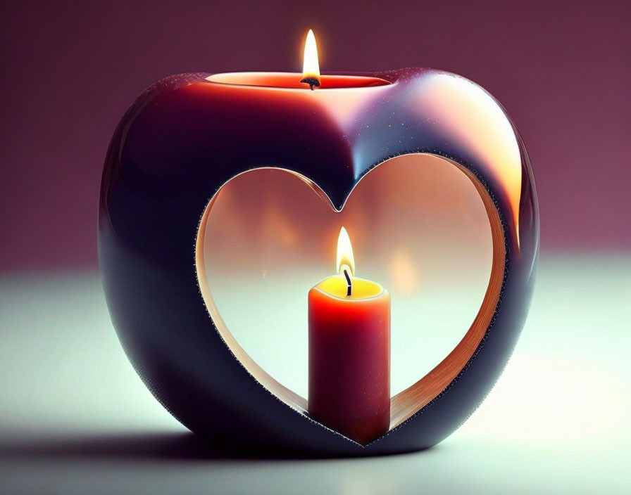 Heart-shaped glossy candle holder with lit red candle on soft pink background