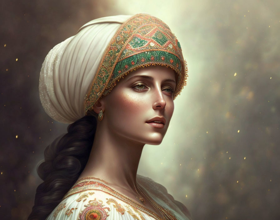 Serene woman portrait with traditional headdress and jewels