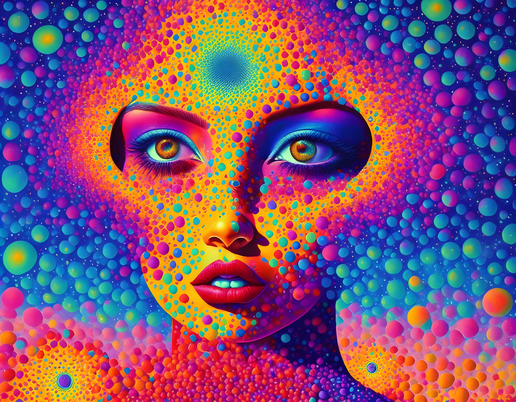 Colorful digital art: Woman's face with multicolored dots & hypnotic patterns