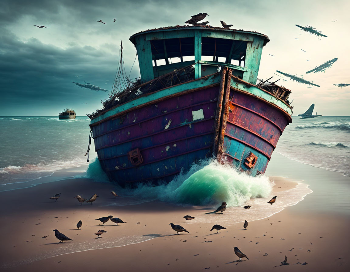 Abandoned shipwreck on sandy beach under stormy sky