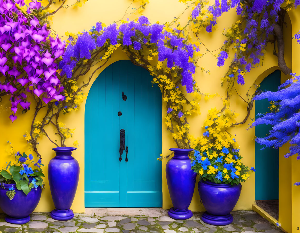 Colorful scene: bright blue door, yellow walls, purple vines, blue vases with plants